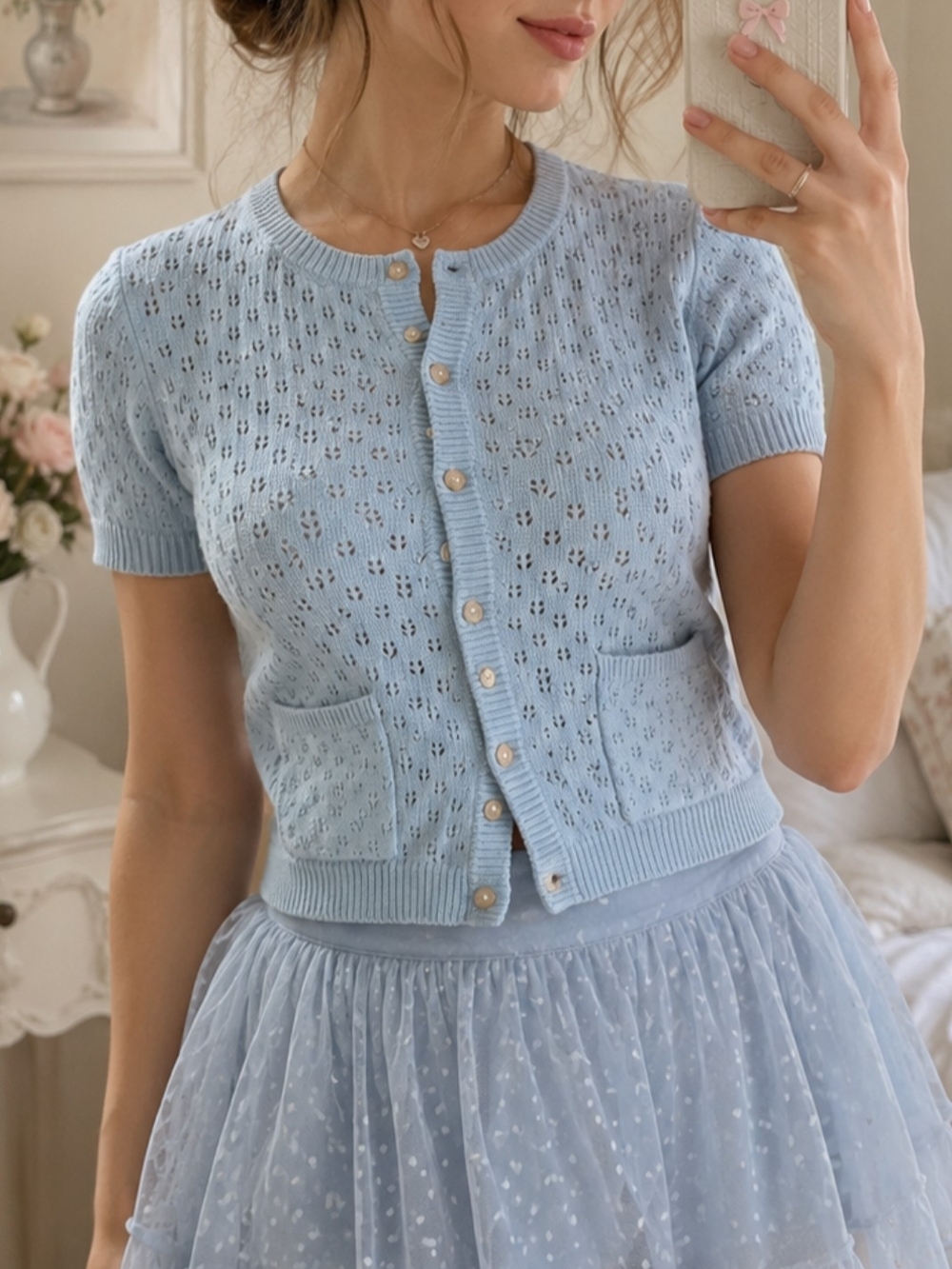 NWT Baby Blue Pointelle Knit S/S Cardigan S Sweater Oversized Coquette Romantic